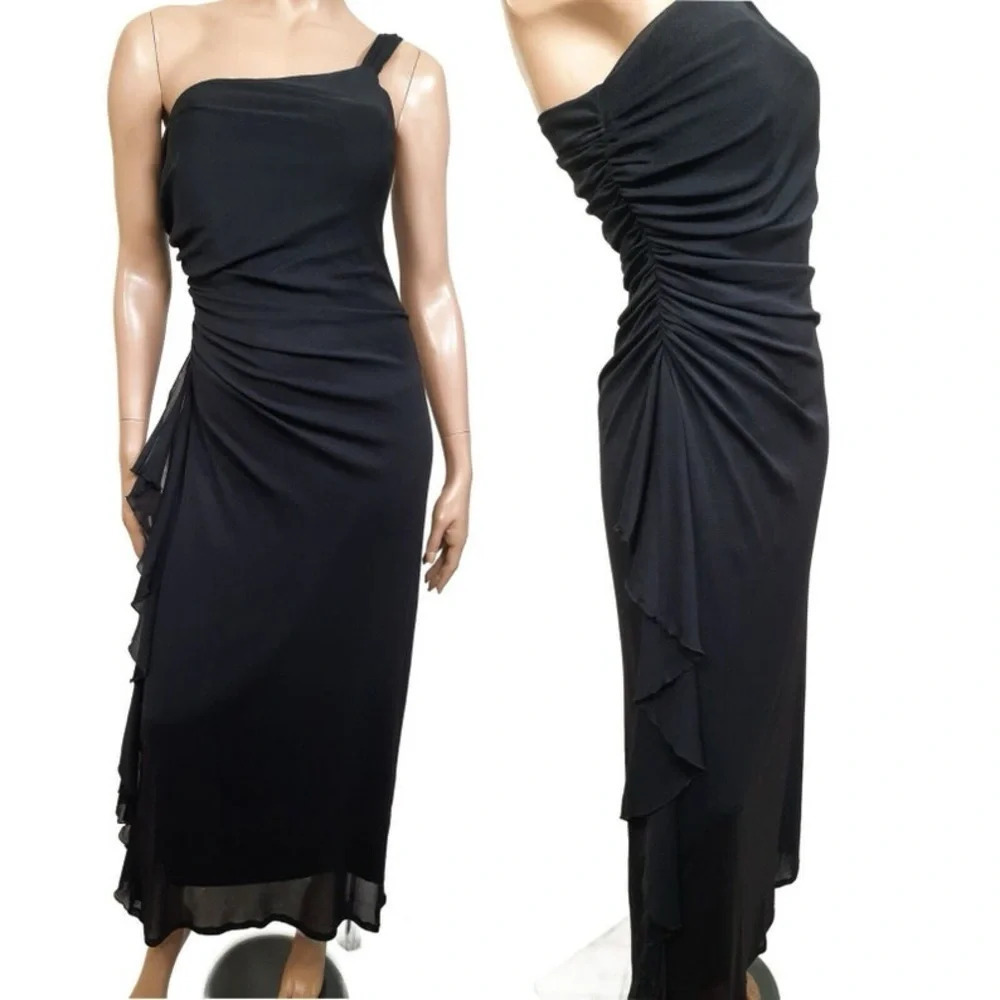 Y2K Sangria Black Ruched Dress Womens 10 Long Mesh One Shoulder Party Cocktail
